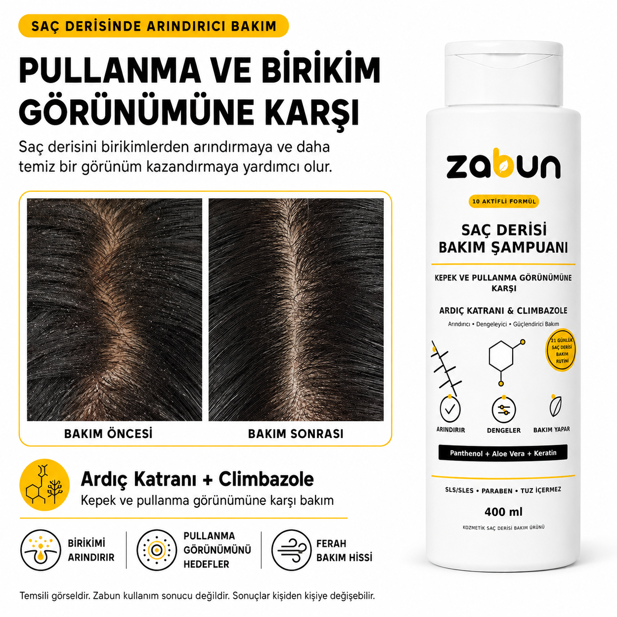 Zabun Ardıç Katranlı Kepek Karşıtı Saç Derisi Bakım Şampuanı – Climbazole, 400 ml