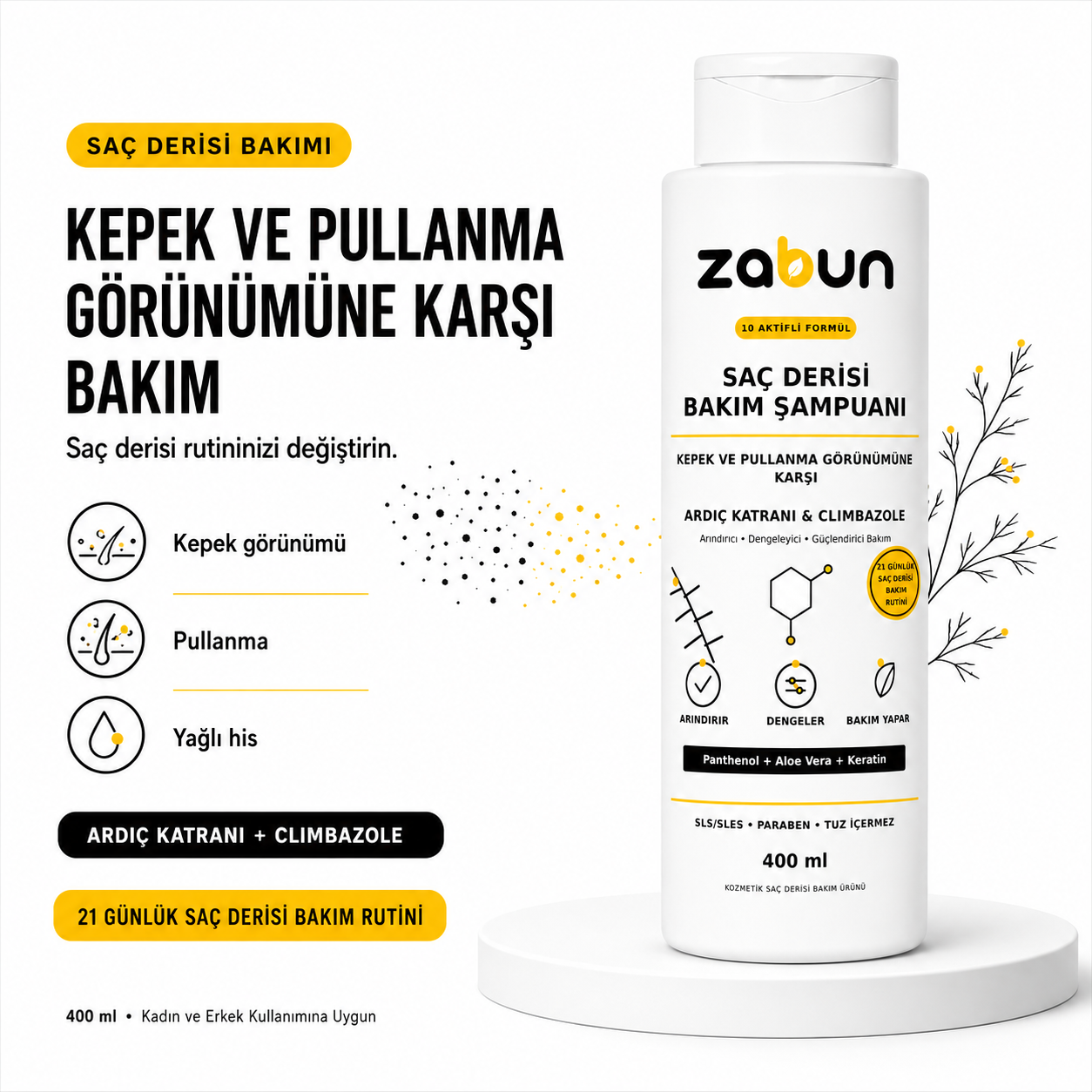 Zabun Ardıç Katranlı Kepek Karşıtı Saç Derisi Bakım Şampuanı – Climbazole, 400 ml