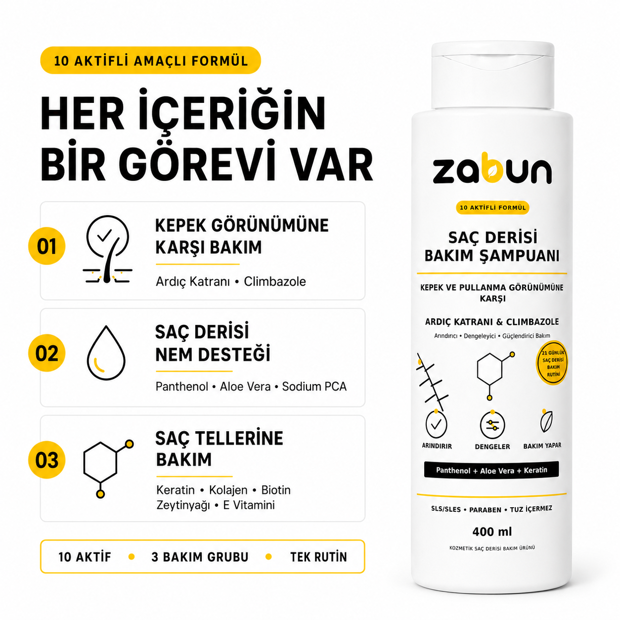 Zabun Ardıç Katranlı Kepek Karşıtı Saç Derisi Bakım Şampuanı – Climbazole, 400 ml