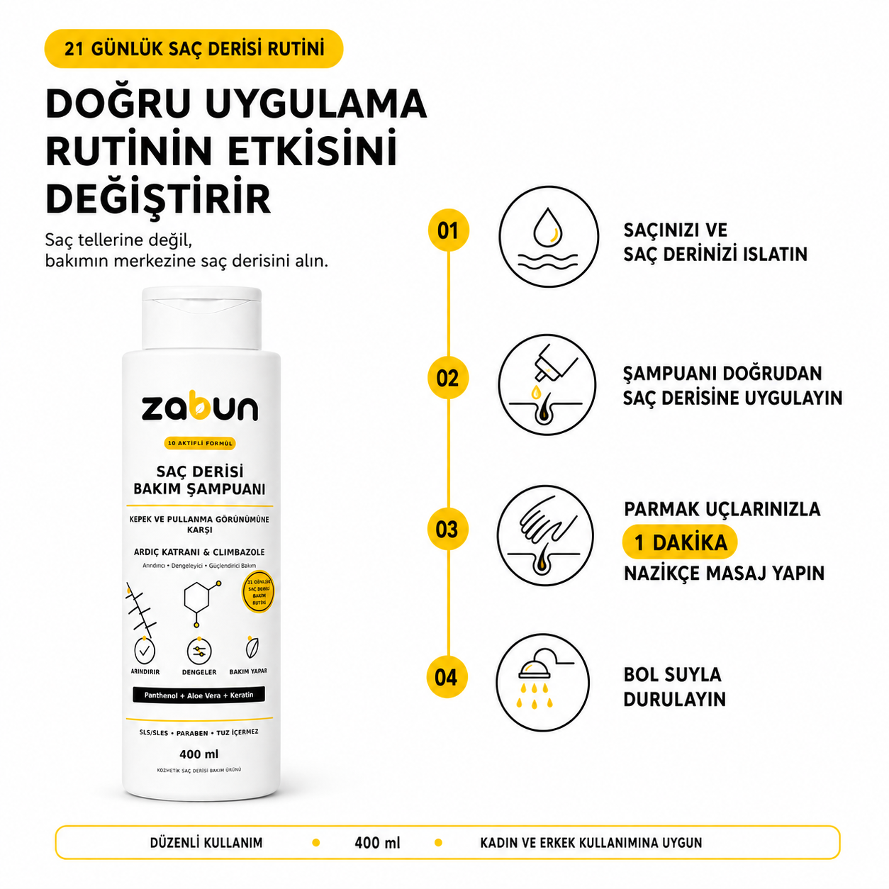 Zabun Ardıç Katranlı Kepek Karşıtı Saç Derisi Bakım Şampuanı – Climbazole, 400 ml